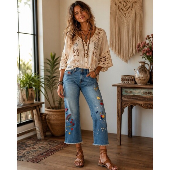Johnny Was Denim - Johnny Was Light Blue Embroidered Cropped Boyfriend Jeans